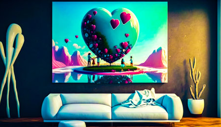 Living room with white couch and large painting on the wall. Generative AI.の素材