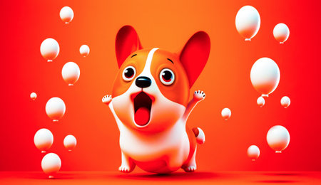 Red and white dog sitting on top of floor next to white balls. Generative AI.の素材