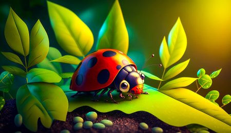 Ladybug sitting on top of green leaf covered ground next to leaves. Generative AI.の素材