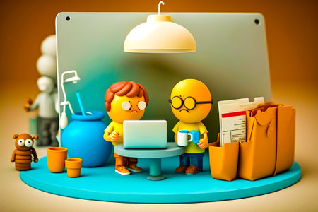 Couple of people sitting at table in front of laptop computer. Generative AI.の素材