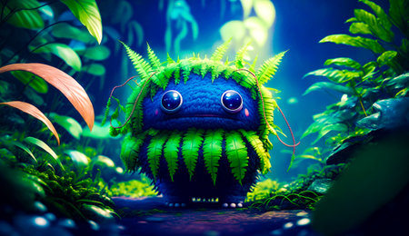 Very cute little creature in the middle of the forest with big smile on his face. Generative AI.の素材