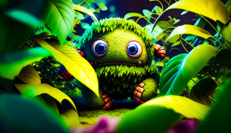 Green monster sitting in the middle of the forest with leaves and flowers. Generative AI.の素材