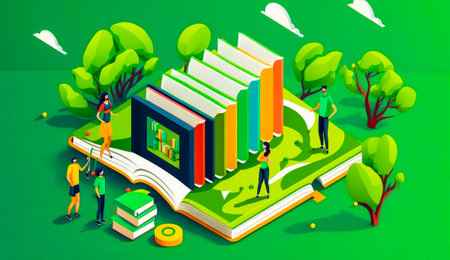 Book with people standing on top of it in the middle of the field. Generative AI.の素材