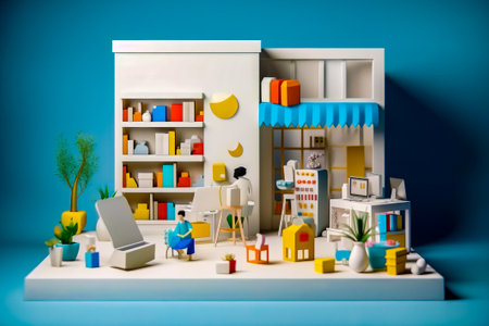 Model of room with furniture and bookshelves on table. Generative AI.の素材