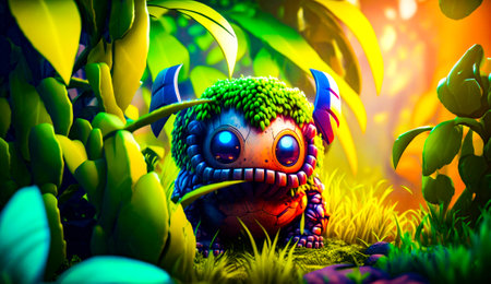 Cartoon character sitting in the middle of the jungle with plant growing out of it. Generative AI.の素材
