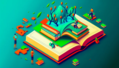 Open book with people standing on top of it and cactus on top of it. Generative AI.の素材