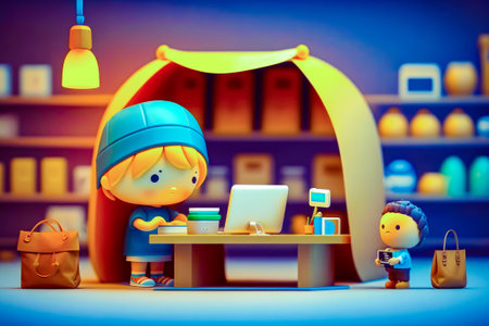 Little boy sitting at table with laptop in front of him. Generative AI.の素材