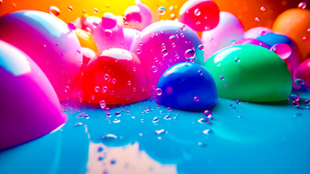 Group of colorful eggs sitting on top of blue and yellow table. Generative AI.の素材