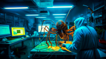 Man in blue hoodie is looking at giant octopus in dark room. Generative AI.の素材