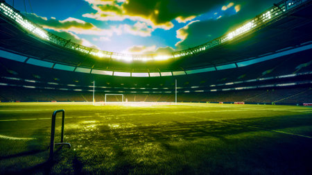 Soccer stadium with green field and bright sky in the background. Generative AI.の素材