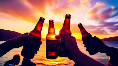 Group of people holding up beer bottles in front of the body of water. Generative AI.の素材