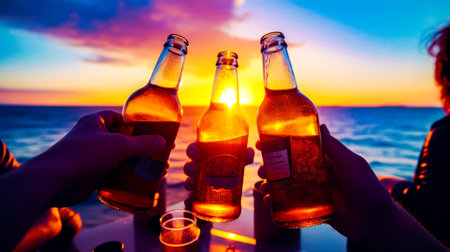 Group of people holding up bottles of beer near the ocean at sunset. Generative AI.の素材