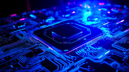 Close up of cpu chip on top of computer motherboard. Generative AI.の素材