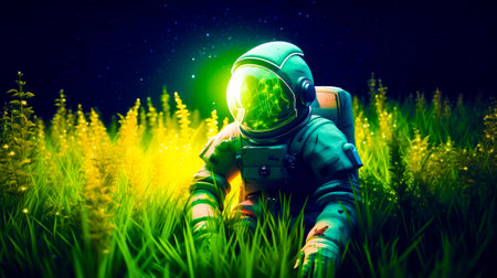 Astronaut sitting in the grass with bright light on his face and head. Generative AI.の素材