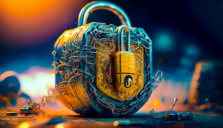 Yellow padlock with chains and lock on it's side. Generative AI.の素材