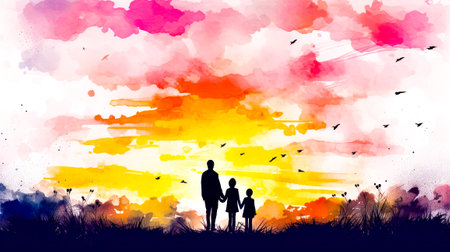 Watercolor painting of father and daughter holding hands under colorful sky. Generative AI.の素材