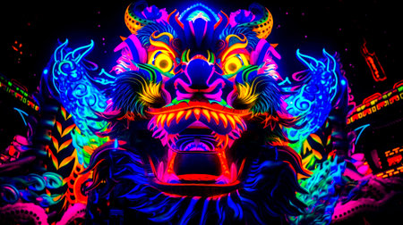 Neon lion mask with bright colors on it's face and black background. Generative AI.の素材