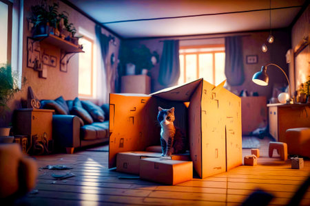 Cat sitting inside of cardboard box on the floor of living room. Generative AI.の素材
