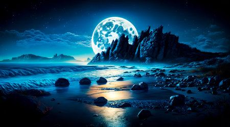 Night scene with full moon over the ocean and rocks in the foreground. Generative AI.の素材