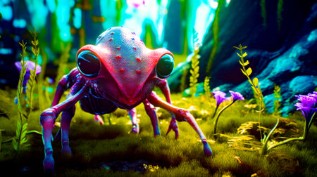 Close up of frog on the ground in field of grass. Generative AI.の素材