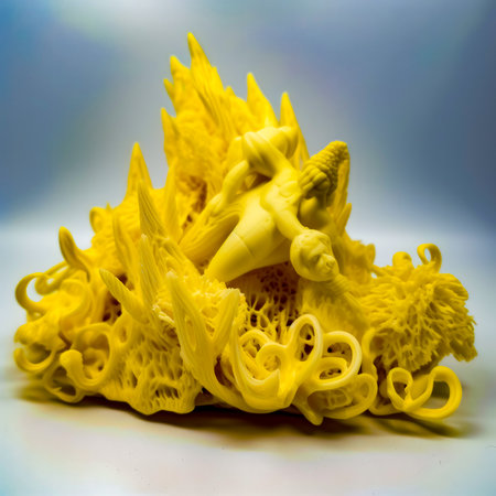 Close up of yellow object on white surface with blue background. Generative AI.の素材