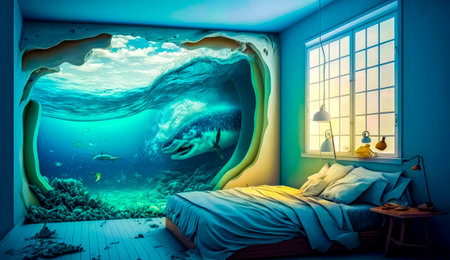 Bedroom with mural of fish and man swimming in the ocean. Generative AI.の素材