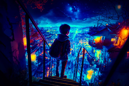 Boy standing at the top of the stairs looking at city at night. Generative AI.の素材