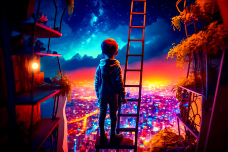 Boy standing on ladder looking at city at night with the moon in the sky. Generative AI.の素材