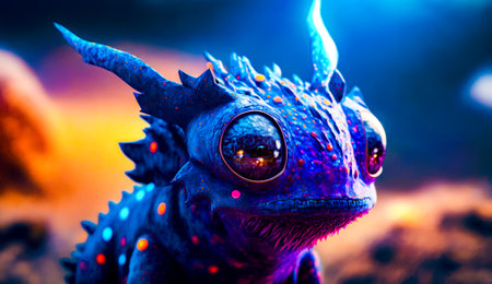 Close up of blue and purple animal with bright lights on it's face. Generative AI.の素材