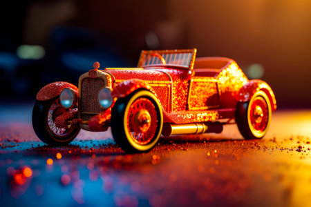 Red toy car sitting on top of table next to wall. Generative AI.の素材