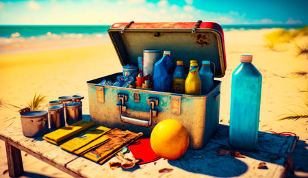 Open suitcase sitting on top of sandy beach next to orange. Generative AI.の素材