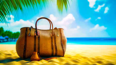 Brown bag sitting on top of sandy beach next to palm tree. Generative AI.の素材