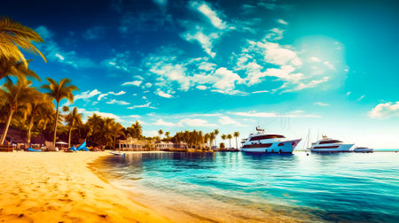 Beach with boat in the water and palm trees in the background. Generative AI.の素材