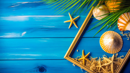 Picture frame, starfish, coconuts, and other tropical items on blue wooden background. Generative AI.の素材