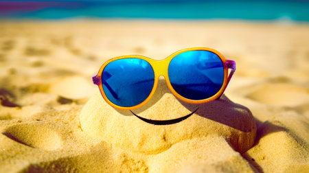 Pair of sunglasses with smiley face drawn on it sitting in the sand. Generative AI.の素材