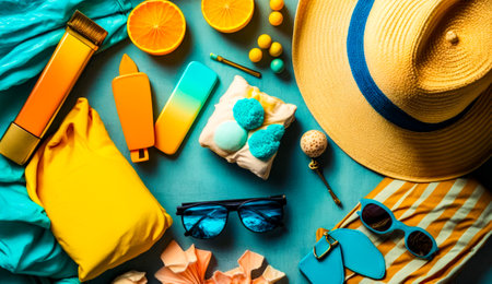 Hat, sunglasses, and other items laid out on blue surface. Generative AI.の素材