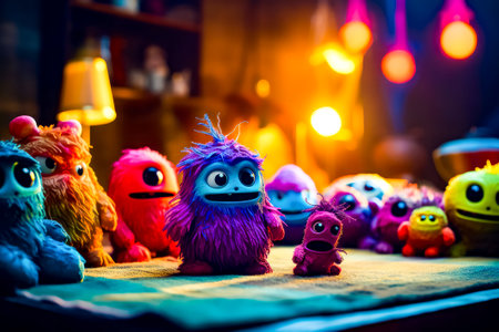 Group of stuffed animals sitting on top of table next to lamp. Generative AI.の素材