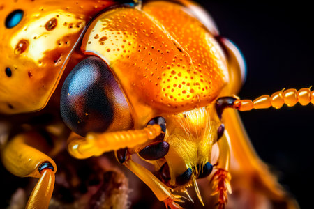 Close up of yellow bug on piece of wood with black background. Generative AI.の素材