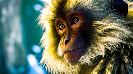 Close up of monkey's face with blurry background. Generative AI.の素材