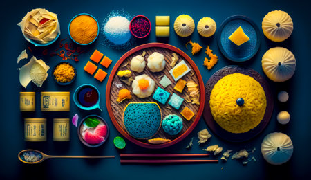 Table topped with lots of different types of food next to chopsticks. Generative AI.の素材
