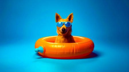 Dog wearing sunglasses and sitting in inflatable pool floater. Generative AI.の素材