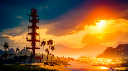 Painting of sunset over beach with lifeguard tower in the foreground. Generative AI.の素材
