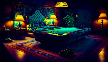 Pool table in the middle of the room with two lamps on either side of it. Generative AI.の素材