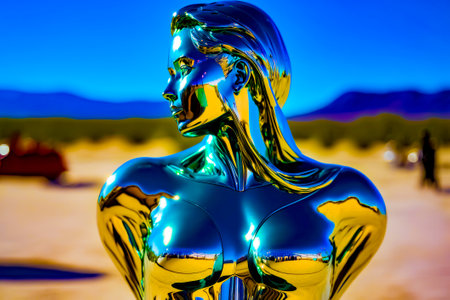 Woman in blue and yellow body suit standing in the middle of desert. Generative AI.の素材