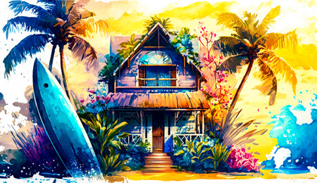 Painting of house on the beach with surfboard in front of it. Generative AI.の素材