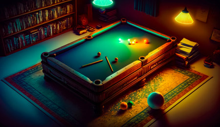 Pool table in room with book shelf and lamp on the wall. Generative AI.の素材