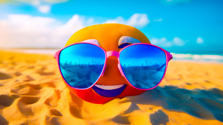 Smiley face wearing sunglasses laying in the sand at the beach with blue sky in the background. Generative AI.の素材
