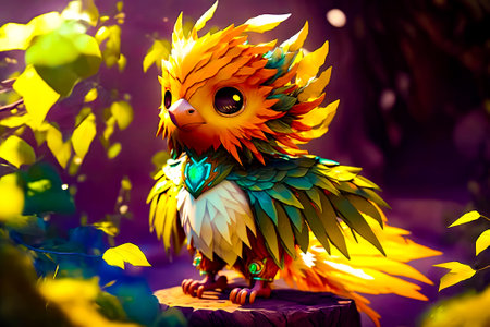 Colorful bird sitting on top of piece of wood next to leaves. Generative AI.の素材