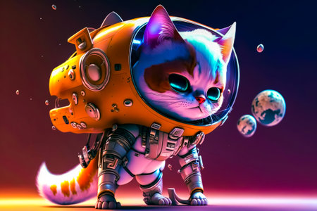 Cat in space suit standing in front of space station with planets in the background. Generative AI.の素材