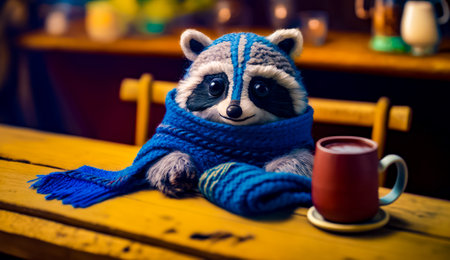 Raccoon wearing blue scarf sitting on table next to cup of coffee. Generative AI.の素材